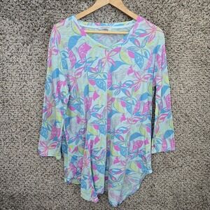 Fresh Produce Top Womens XL Blue Floral Print Slub Knit Tunic V Neck Pocket